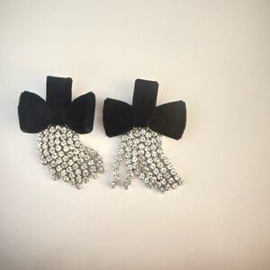 Elegant Black Velvet Bow and Silver Crystal Earrings